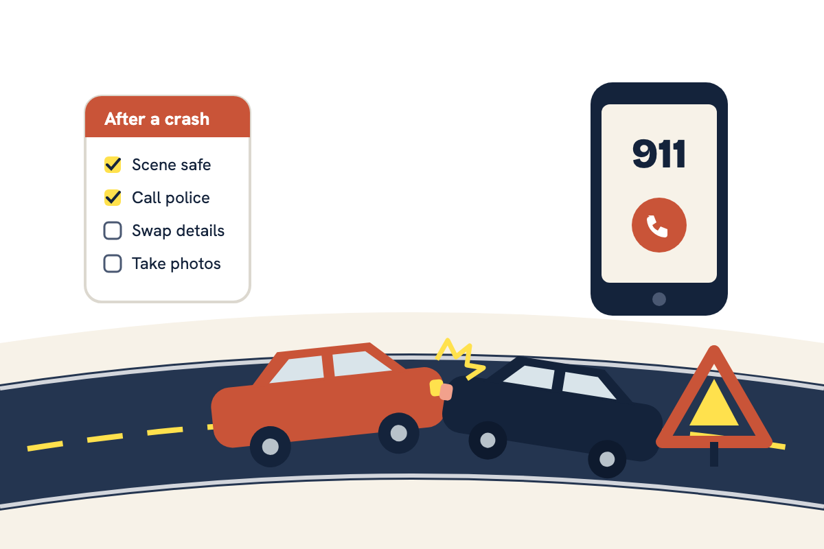 Illustration of two cars after a crash on a highway, a warning triangle, a phone dialing 911 and a checklist